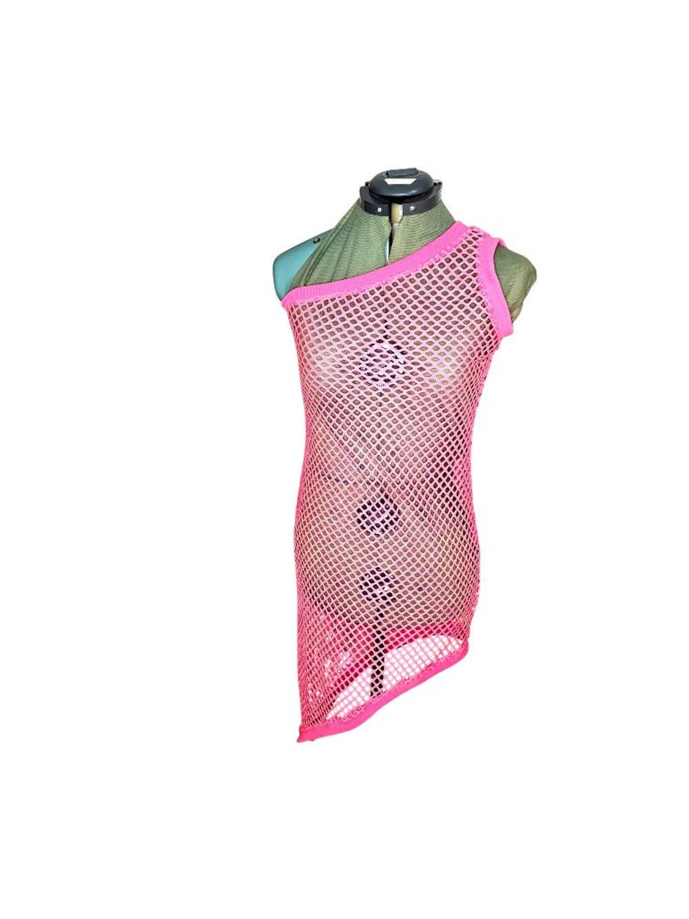 Junior's neon hot pink open knit y2K one shoulder bodycon swimwear cover S L